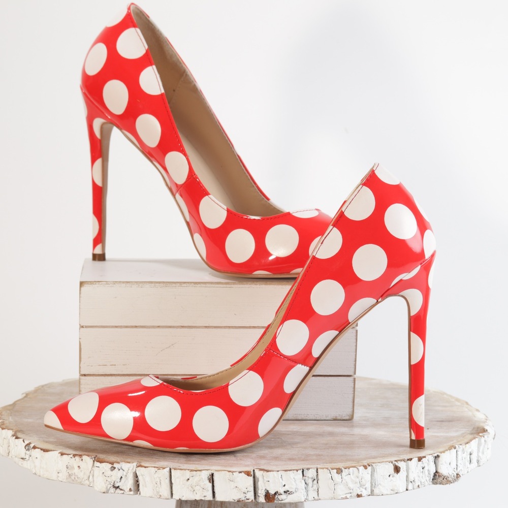 Reindee Lusion Red White Polka Dot Patent Pointed Toe Stiletto Pumps Heels